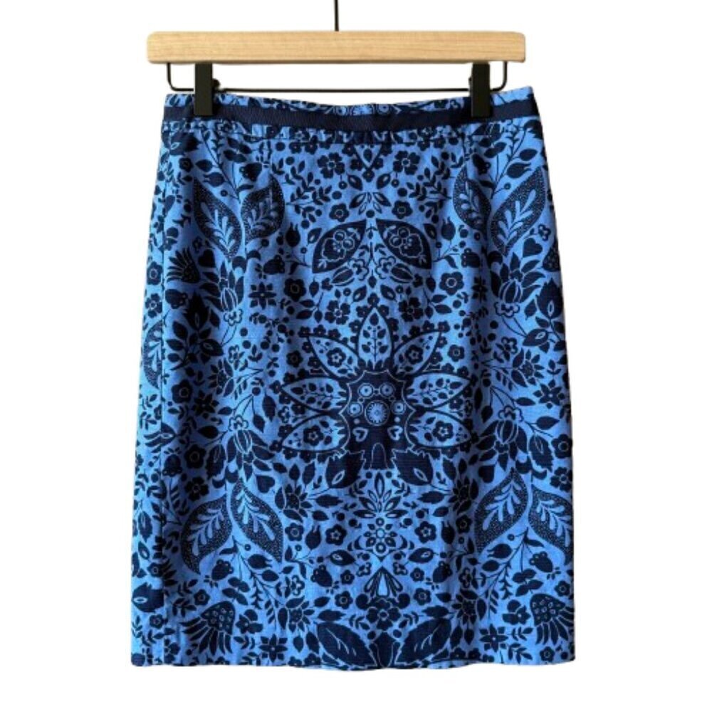 Women's Petite 4P Boden Blue Floral Pencil Skirt Textured Slit